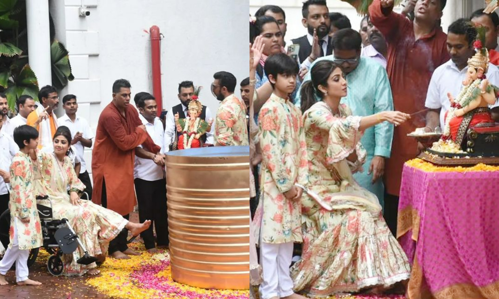 शिल्पा शेट्टी ने ढोल नगाड़ों के साथ दी बप्पा को विदाई, विसर्जन में ड्रेस कोड मैच करता दिखा कुंद्रा परिवार